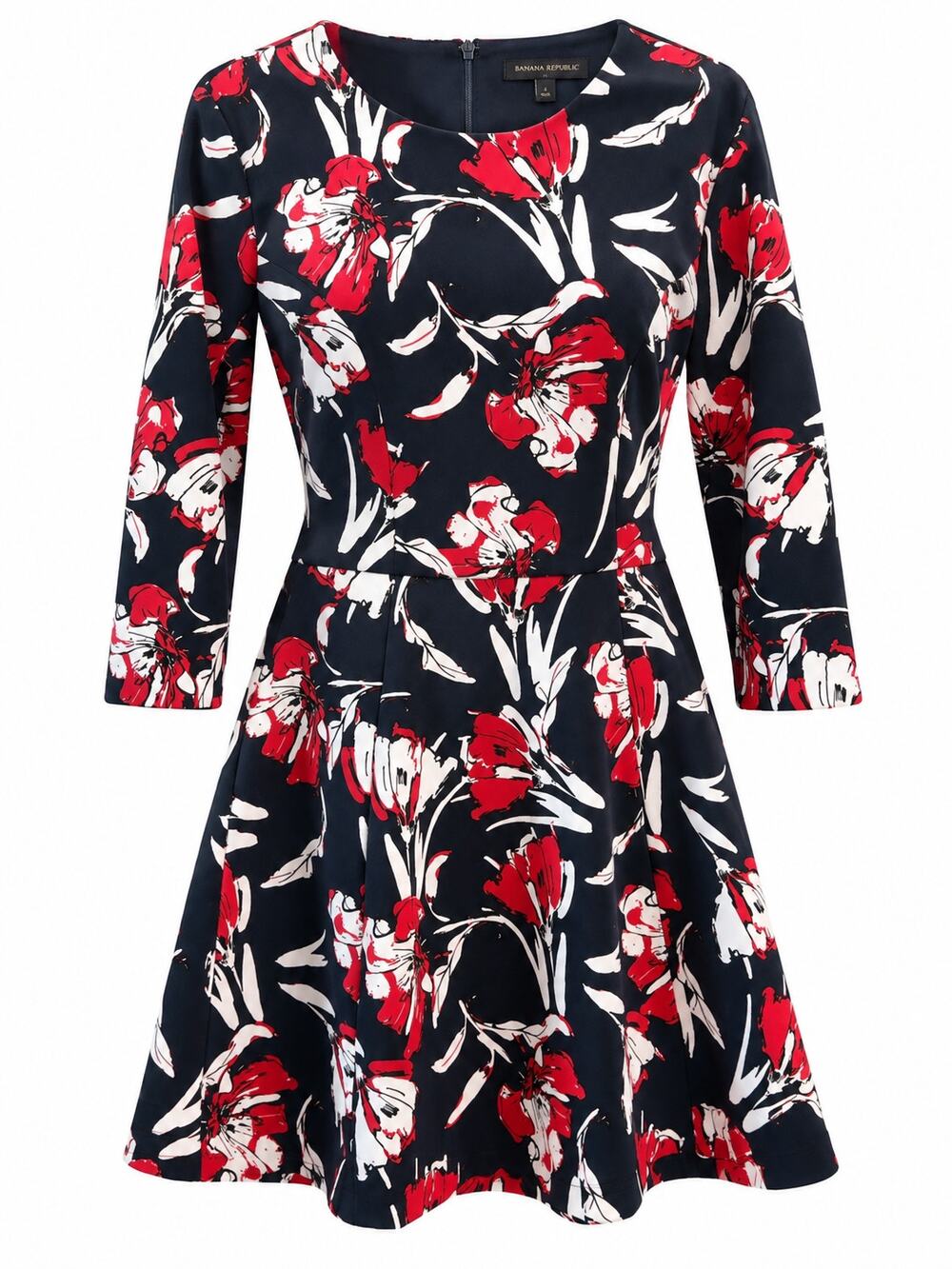 Banana Republic Floral A-Line Dress Size 8 Navy Red White 3/4 Sleeve
